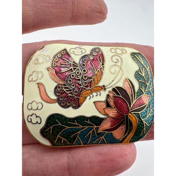 Vintage Butterfly & Flower Cloisonne Scarf Clip Slide Bolo - Picture 3 of 5